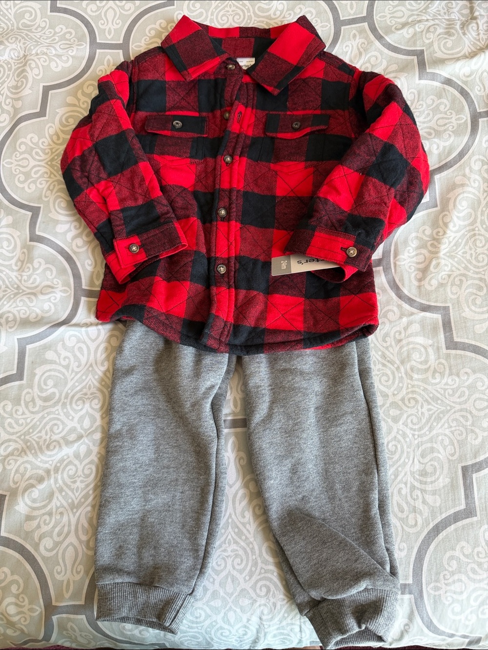 🪾Carter’s Red & Black Plaid Shirt with Gray Jogger Pants - Kids Bottoms Set 🪾